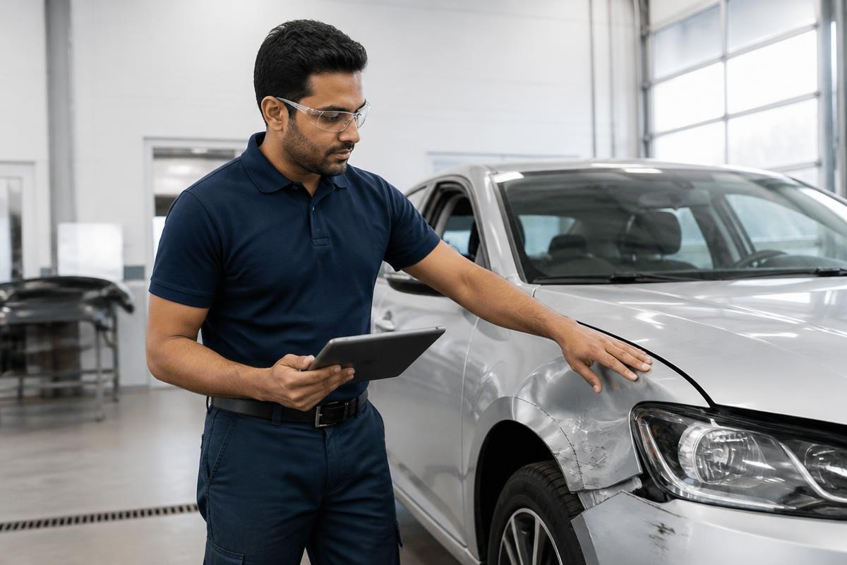 Estimator of Indian descent assessing vehicle damage in a body shop