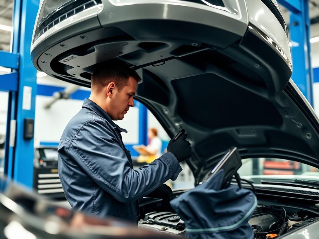 Mechanic diagnosing a vehicle under the hood